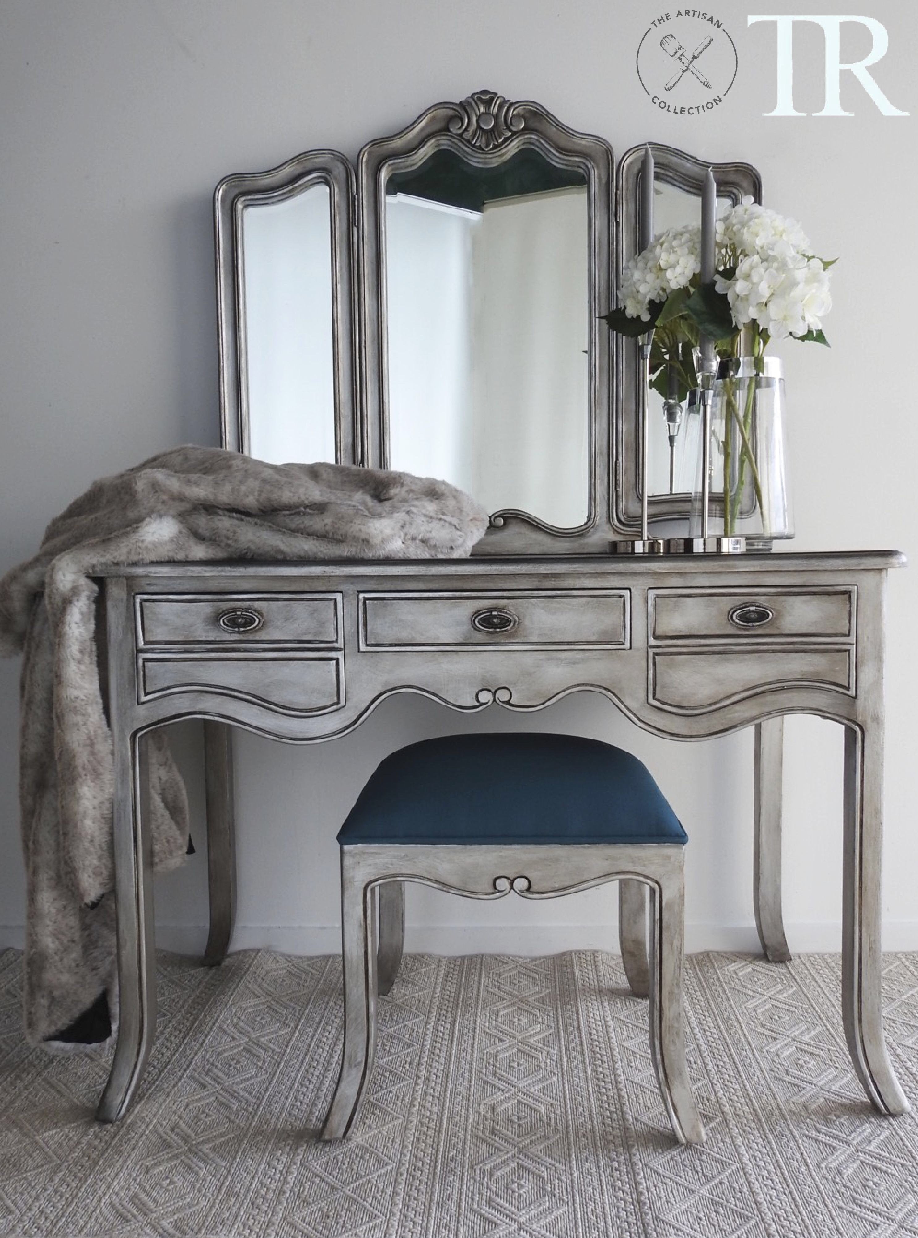 Not For Sale - Eliza: Aged Metallic wing back mirror dressing table with Stool