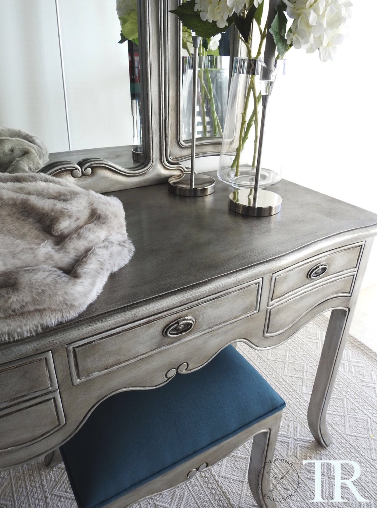 Not For Sale - Eliza: Aged Metallic wing back mirror dressing table with Stool