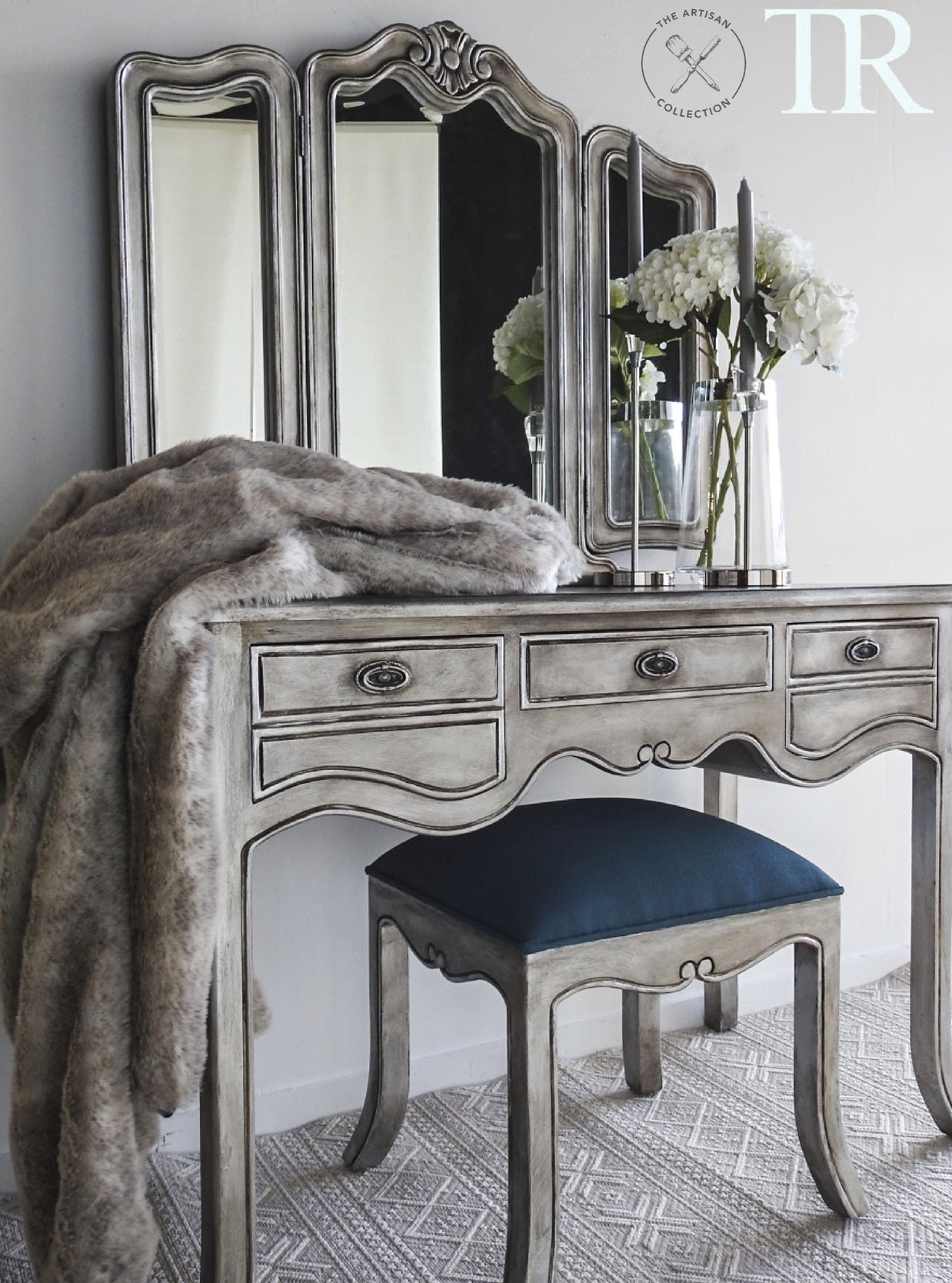 Not For Sale - Eliza: Aged Metallic wing back mirror dressing table with Stool