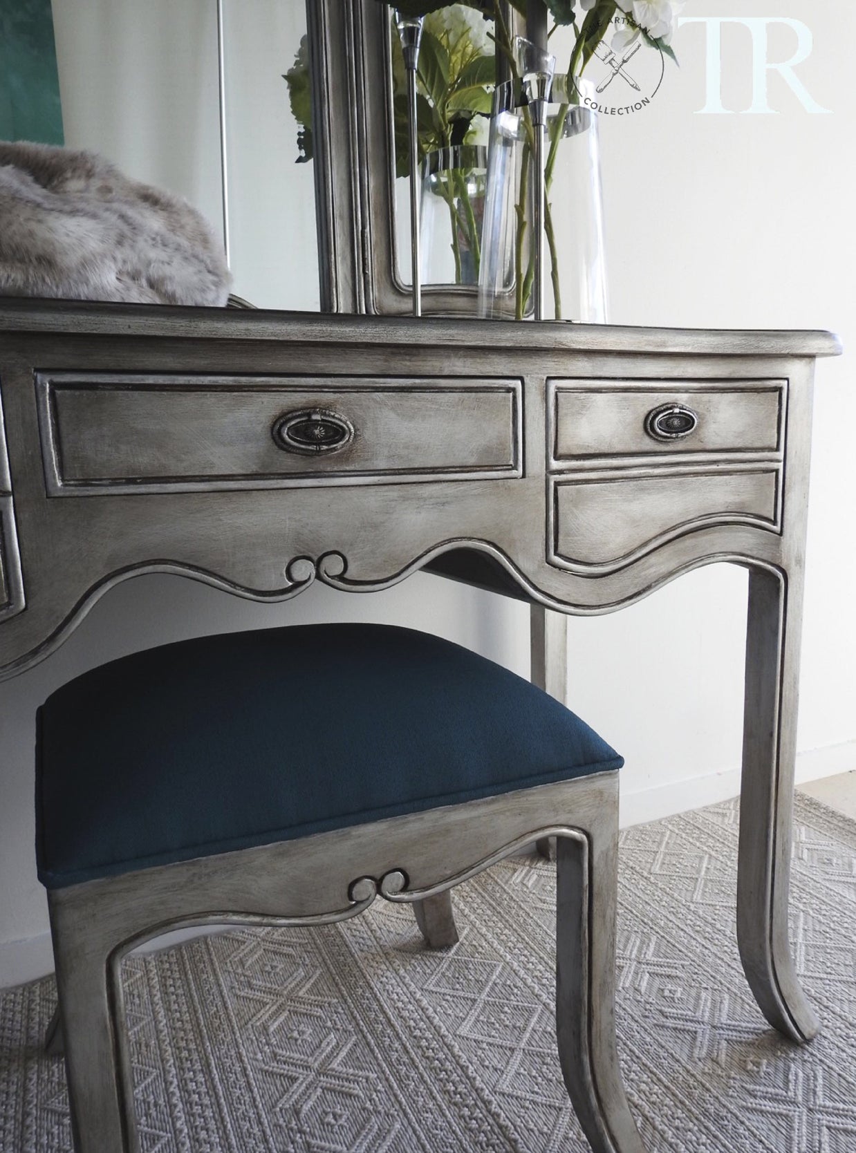 Not For Sale - Eliza: Aged Metallic wing back mirror dressing table with Stool