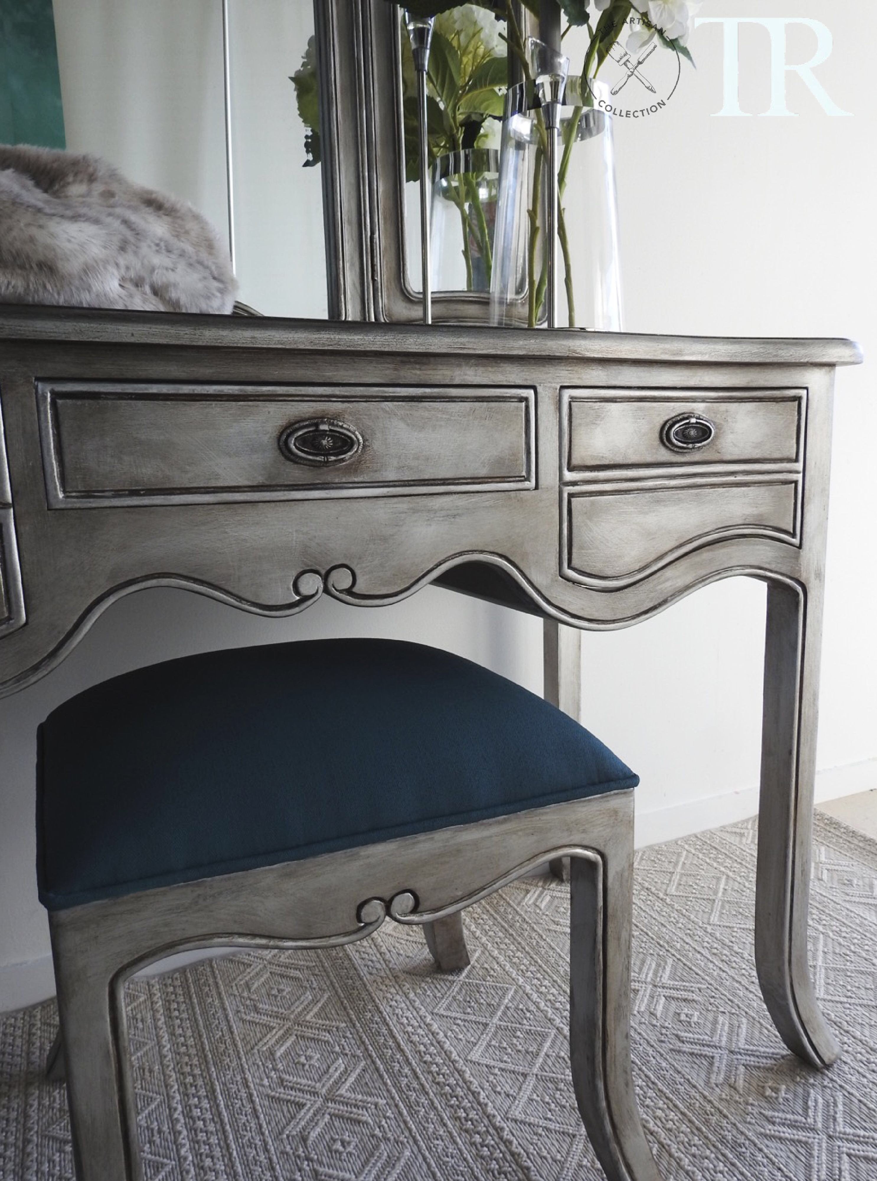 Not For Sale - Eliza: Aged Metallic wing back mirror dressing table with Stool