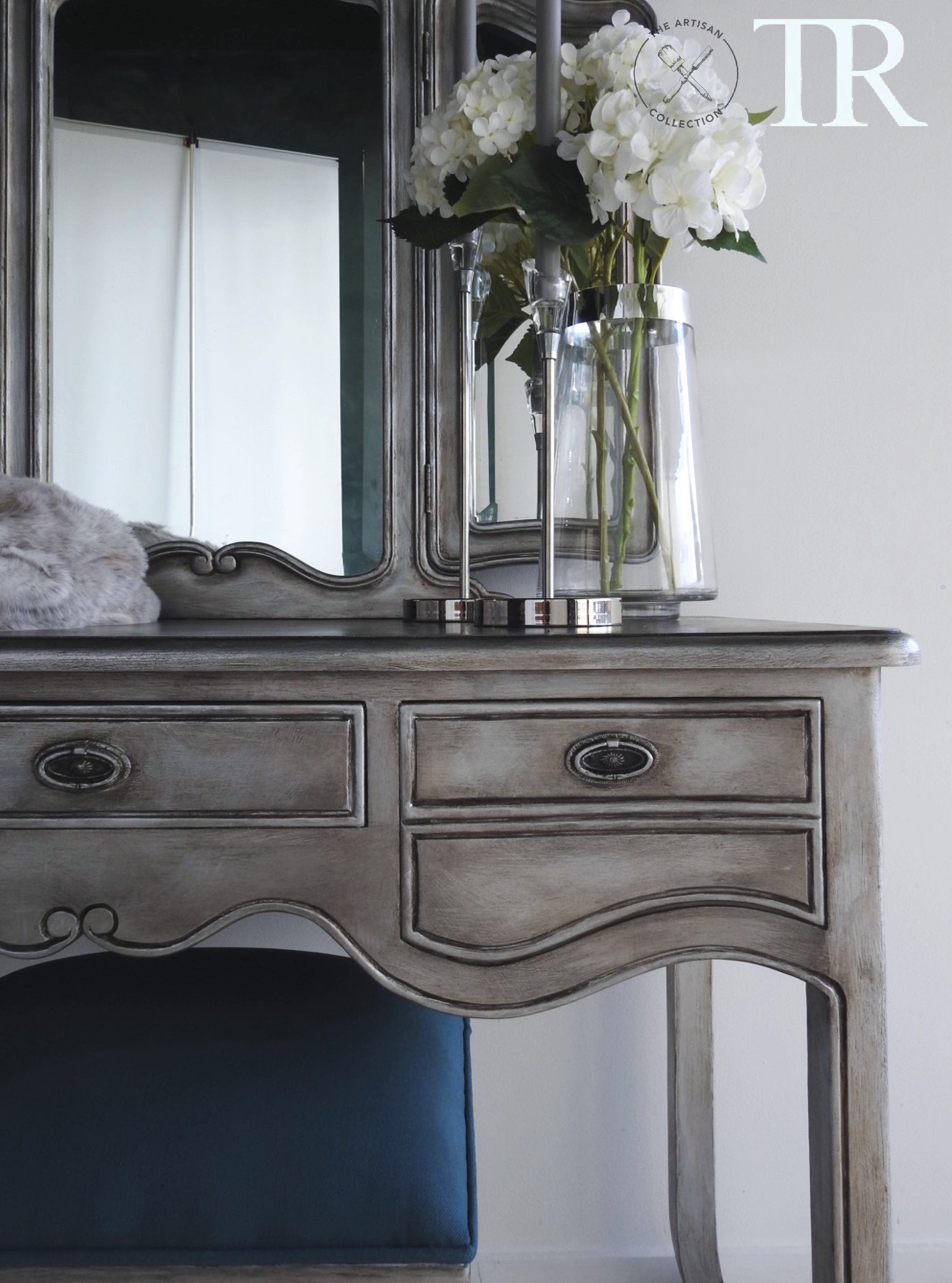 Not For Sale - Eliza: Aged Metallic wing back mirror dressing table with Stool