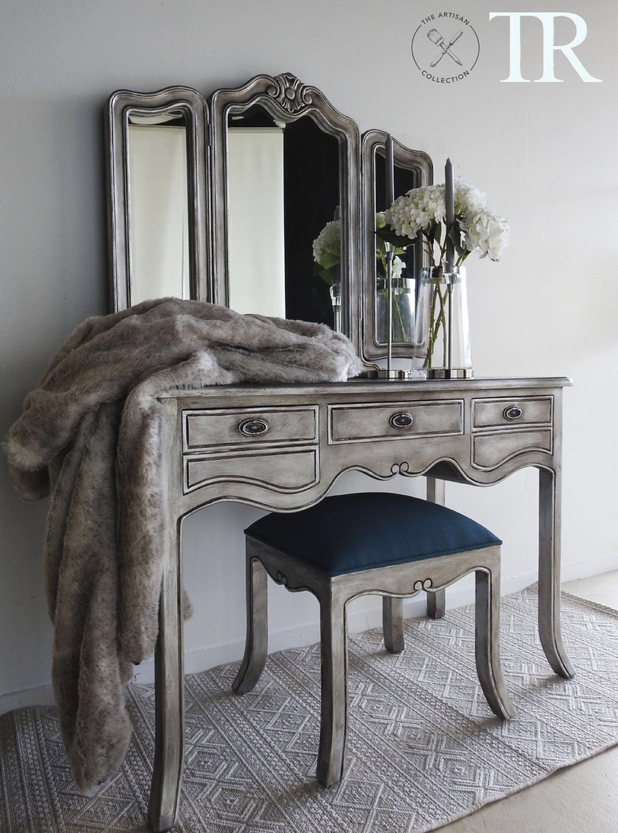 Not For Sale - Eliza: Aged Metallic wing back mirror dressing table with Stool