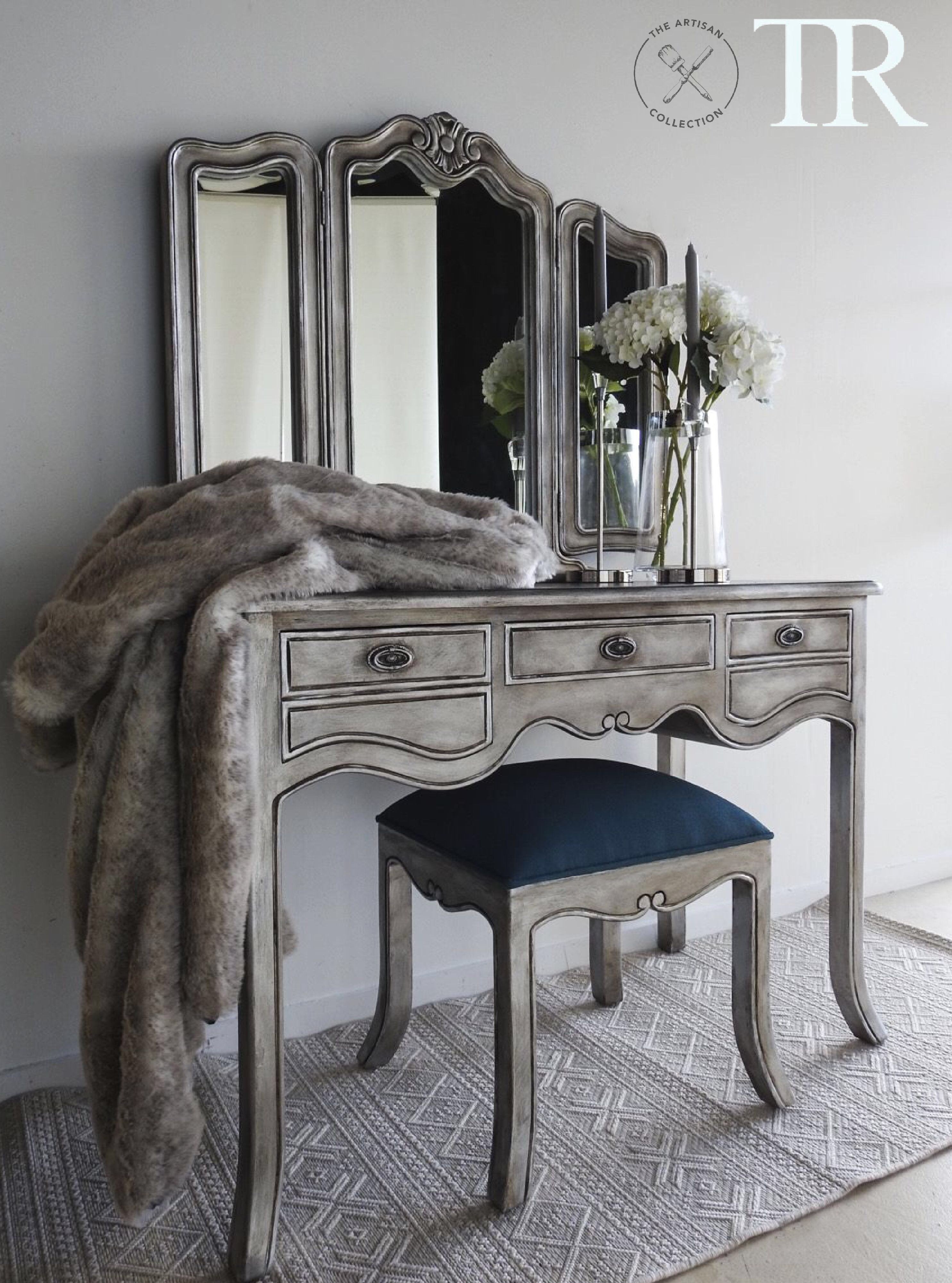 Not For Sale - Eliza: Aged Metallic wing back mirror dressing table with Stool