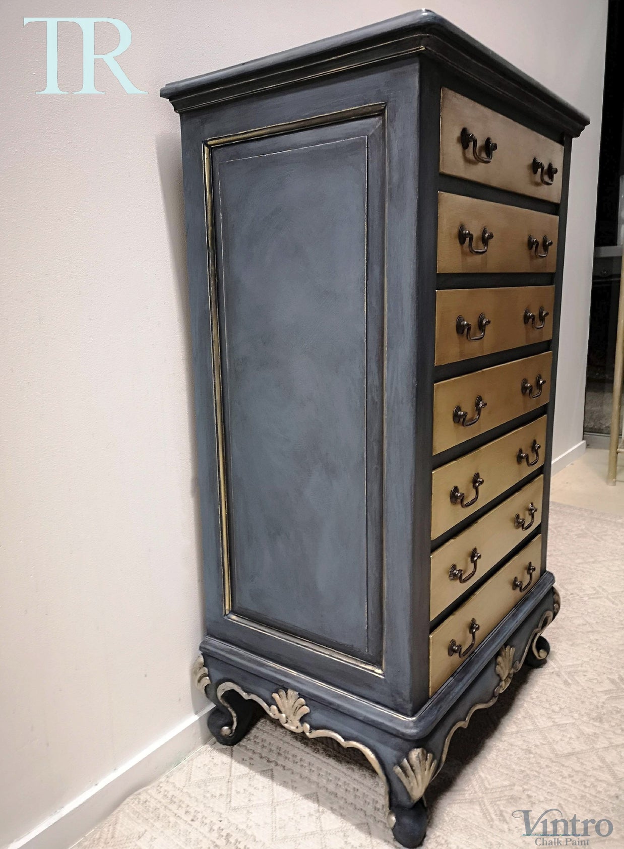 Not For Sale - Adrienne: Blue and Brushed Gold hand painted small set of drawers