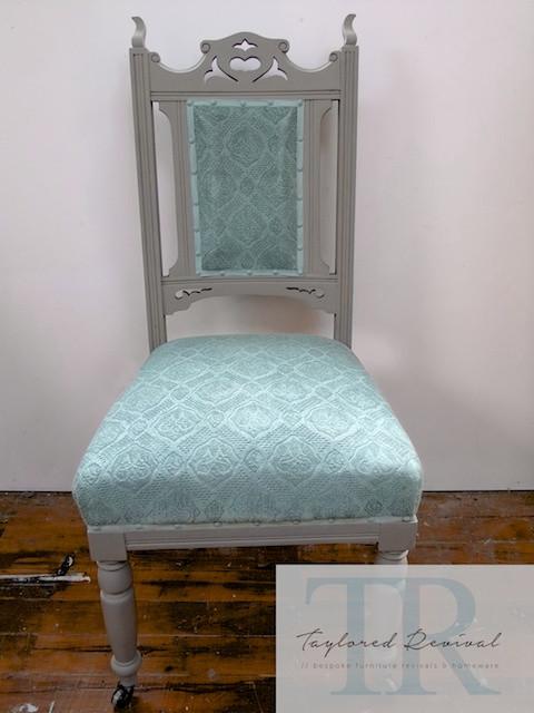 Not For Sale - Alice: Oak carved chair in french linen and duck egg blue