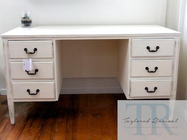 Not For Sale - Paige: White vintage mahogany desk with 6 drawers