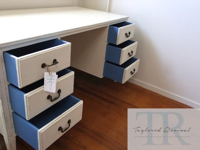 Not For Sale - Paige: White vintage mahogany desk with 6 drawers
