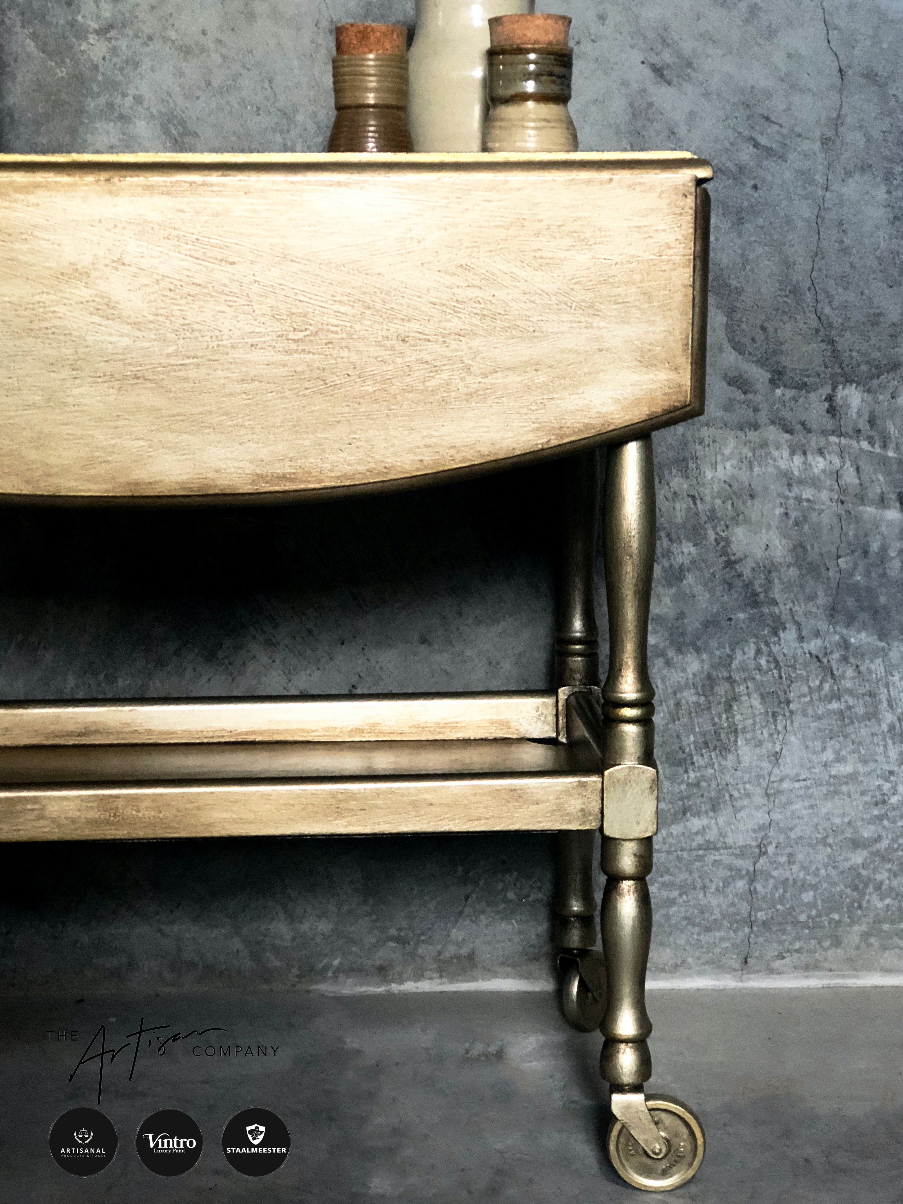 Not For Sale - Commissioned Oak Tea Trolley and side table in aged Metallics