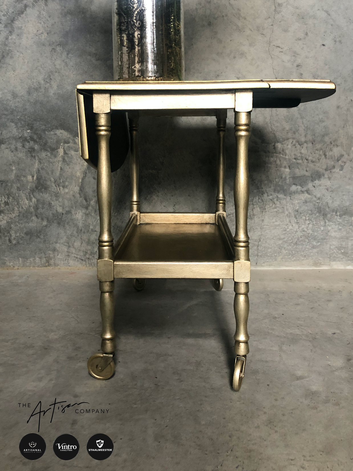 Not For Sale - Commissioned Oak Tea Trolley and side table in aged Metallics