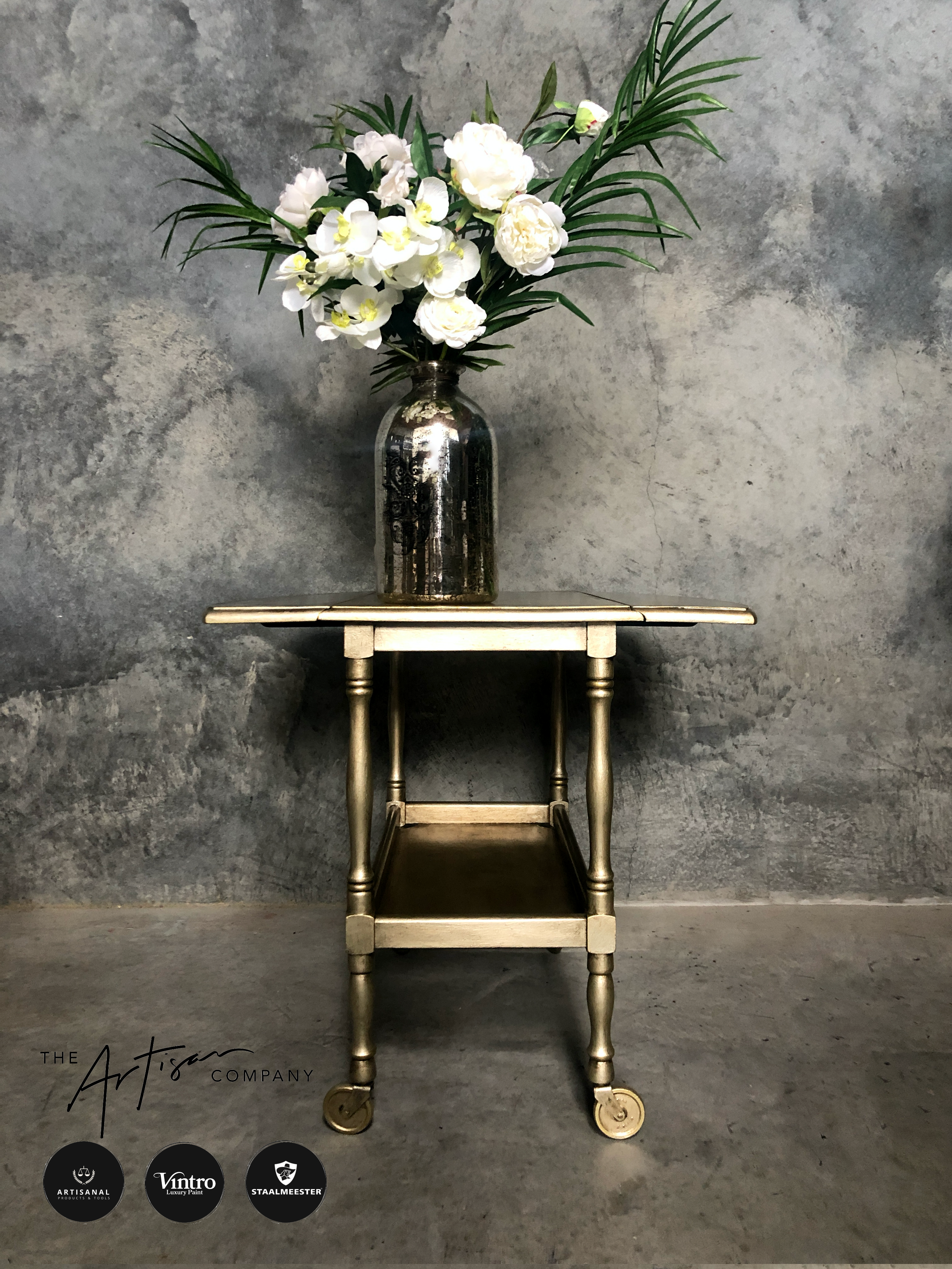 Not For Sale - Commissioned Oak Tea Trolley and side table in aged Metallics