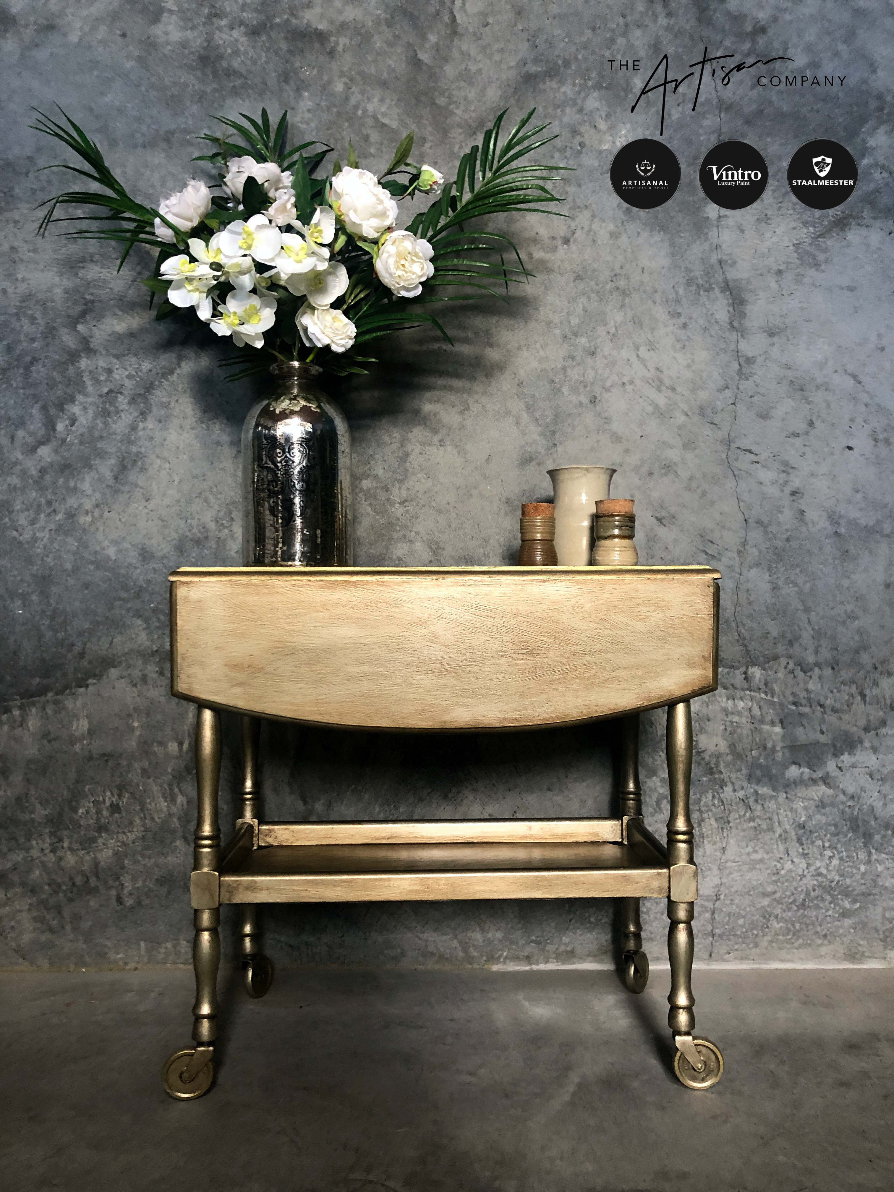 Not For Sale - Commissioned Oak Tea Trolley and side table in aged Metallics