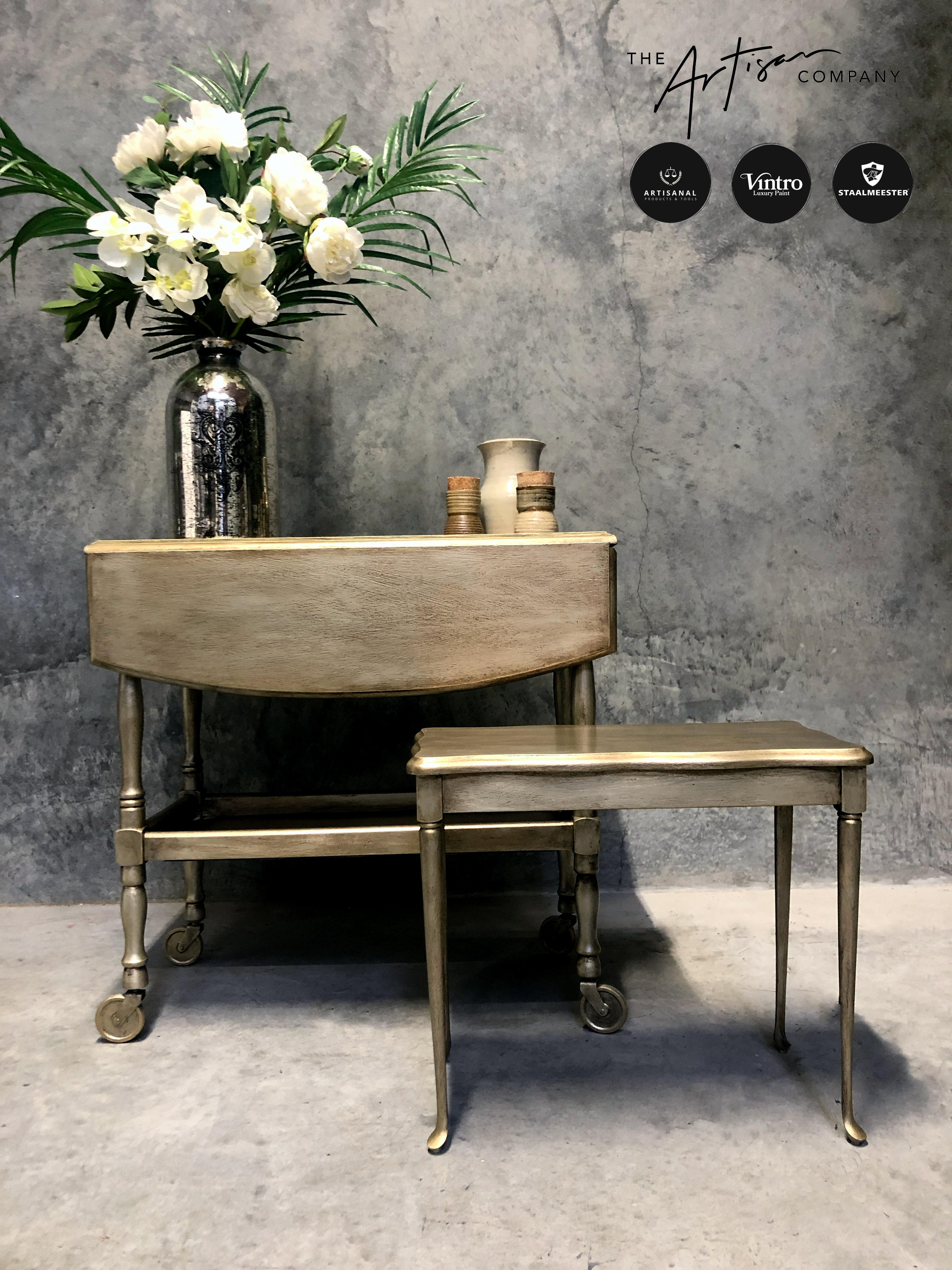 Not For Sale - Commissioned Oak Tea Trolley and side table in aged Metallics