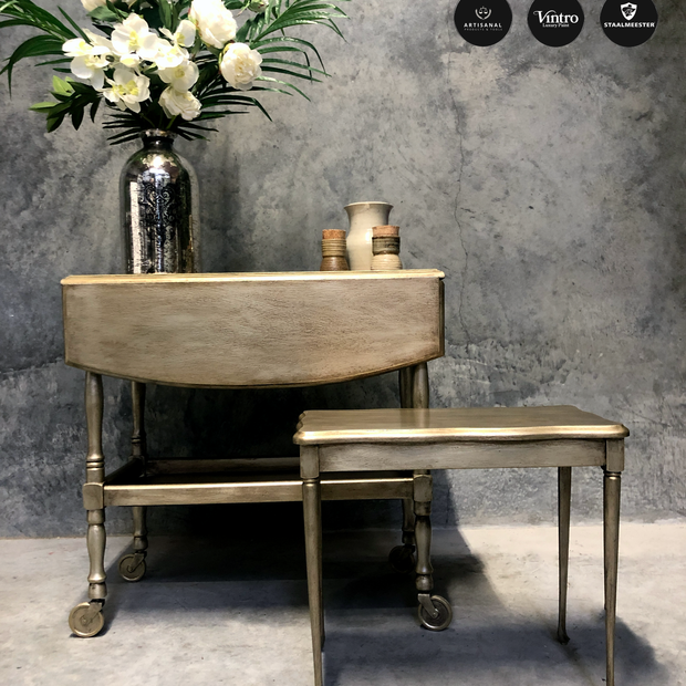 Not For Sale - Commissioned Oak Tea Trolley and side table in aged Metallics