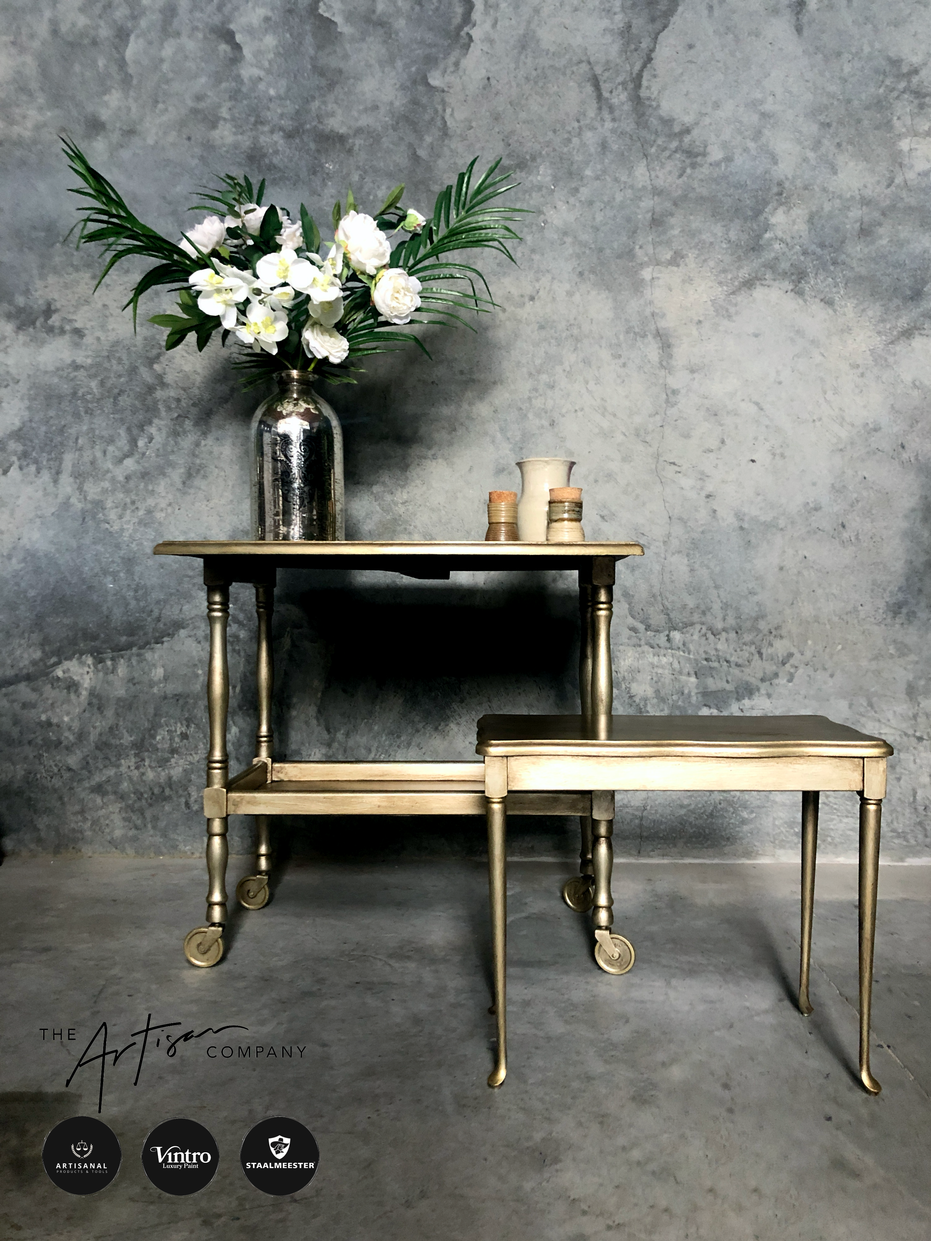 Not For Sale - Commissioned Oak Tea Trolley and side table in aged Metallics